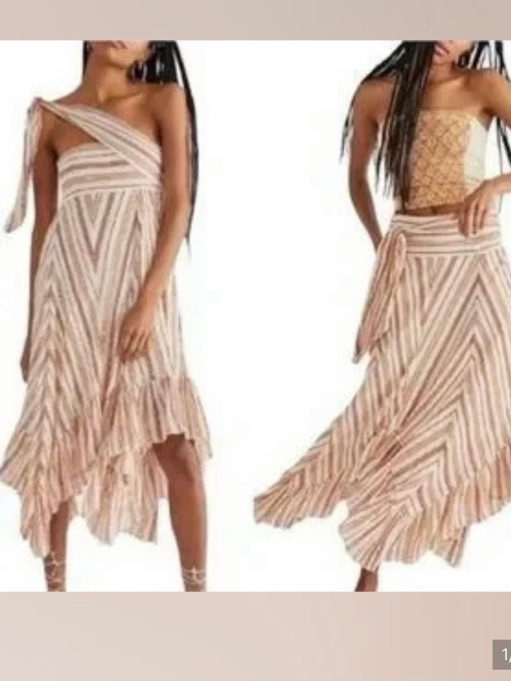 Asymmetrical One-Shoulder Stripe Midi Dress - Beige Stripe